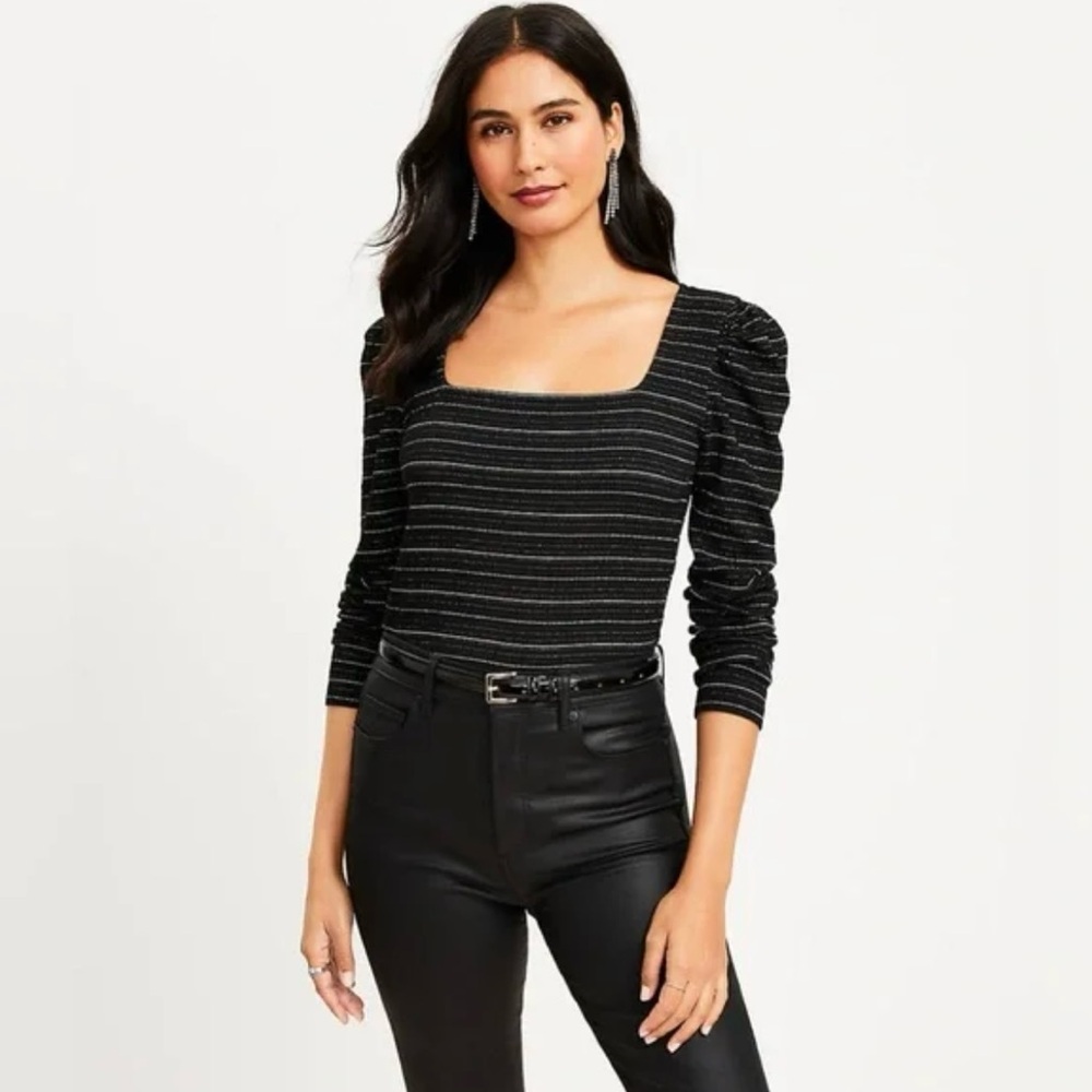 LOFT Women’s Sparkle Puff Sleeve Striped Black Square Neck Top Size M, NWT